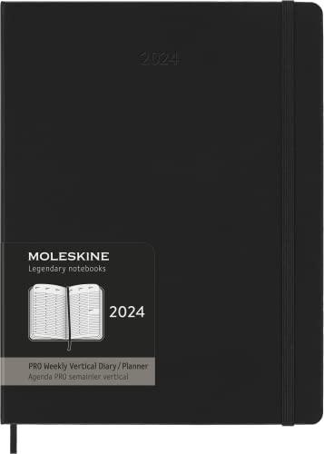Moleskine Agenda Settimanale Verticale Pro 12 Mesi 2024, Agenda 2024, Formato XL 19x25, Copertina Rigida e Chiusura Elastica, Colore Nero