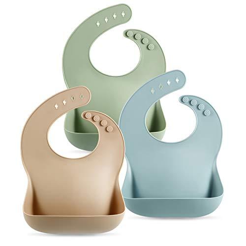 PandaEar 3 Pezzi Bavaglini in Silicone per Neonato e bambini piccoli (10-72 mesi), Impermeabili Bavaglino Pappa Svezzamento, Morbidi, Unisex, Non confusionari (marrone/blu/verde)