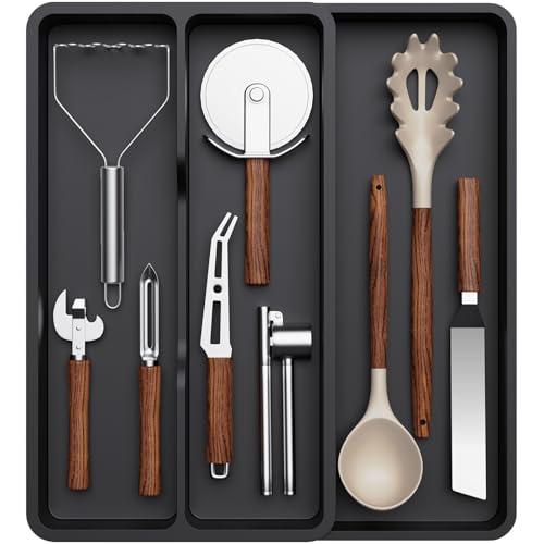 Lifewit Portaposate da Cassetto, Organizer Espandibile da 2 a 3 Scomparti, Divisorio per Cassetti, Organizer Cucina in Plastica Nero