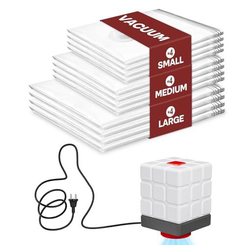 Vacbird Sacchetti Sottovuoto Vestiti con Pompa Elettrica, Confezione da 12 (4 grandi, 4 medi, 4 piccoli), Riutilizzabile Buste Sottovuoto Vestiti per Biancheria da letto, Viaggi, Traslochi