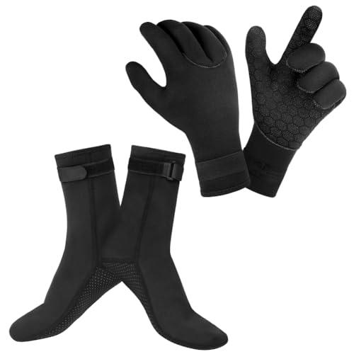 AOOSA Guanti da Muta Termica e Calzini, 3mm Guanti e Calzini in Neoprene Elastico, Guanti da Immersione con Polso Elastico e Particelle Antiscivolo, per Immersioni, Kayak, Surf, Inverno (Nero, XL)