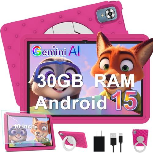 DMOAO Tablet Bambini 10 Pollici Android 15 con 30GB RAM, 5G Wi-Fi 6, 64GB ROM(TF 2TB), Control Parental, Octa-Core, 8MP+5MP, 6000mAh, Custodia Protettiva EVA + Supporto Girevole a 360°, rosa