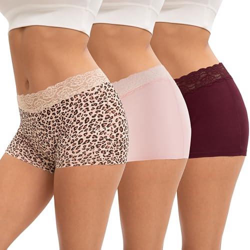 INNERSY Boxer da Donna Mutandine Elasticizzato Pizzo Culotte Cotone Confortevole Ciclismo Pacco da 3 (M, Leopardo, Rosa, Rosso Scuro)