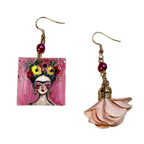 Orecchini dipinti a mano – ARTE IN ROSA, OMAGGIO ALLA PITTRICE MESSICANA - Orecchini pendenti da donna, Gioielli in legno dipinto, Made in Italy, Bijoux da donna decorati, Lavorazione Artigianale