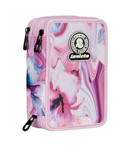 Invicta Astuccio Scuola 3 Zip Fantasy, Rosa e Viola, Triplo Scomparto Completo di Penne, Matite e Pennarelli, Accessori Scuola, Accessori Zaino, Scuola Elementare, Bambina