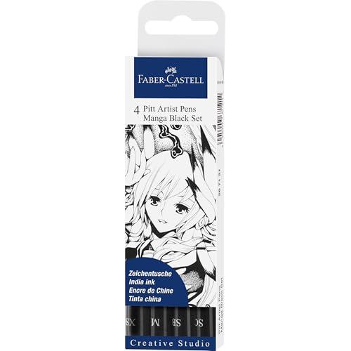 Faber-Castell 267121 Set 4 Pennarelli, Astuccio con 4 pennarelli, di cui uno a Punta Fine, uno a Pennello Morbido e uno Calligrafico Morbido di Colore Nero, per Disegno di Precisione o Manga