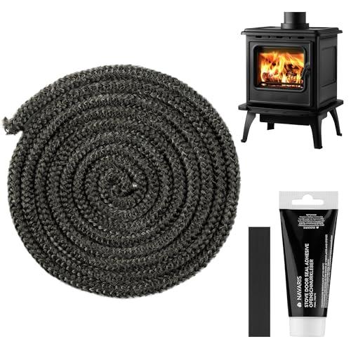 Navaris Guarnizione Stufa a Pellet - Nastro Isolante per Camino - Corda per Sportello Termocamino - 3 m Lunghezza - 10 mm Diametro - con Colla e Chiusura