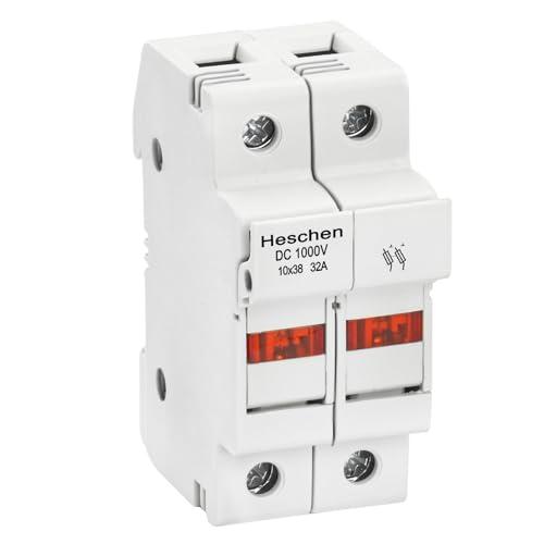 Heschen Portafusibili solari/fotovoltaici, portafusibili PV, RT18-32(X), DC1000V 32A, 2 poli, indicazione del fusibile soffiato, montaggio su guida DIN da 35mm, per fusibile ST-10PV 10 x 38mm, CE UL