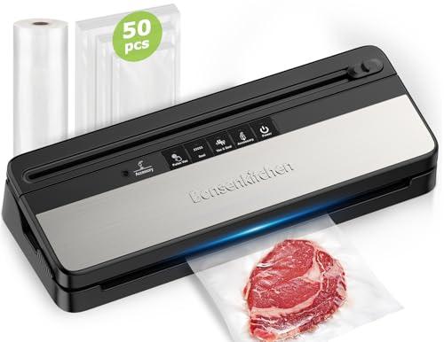 Bonsenkitchen Macchina per Sottovuoto Alimenti, Macchine Sottovuoto Alimenti multifunzione con 50 sacchetti sottovuoto e 1 rotolo per sottovuoto, Taglierina Integrata, VS3016