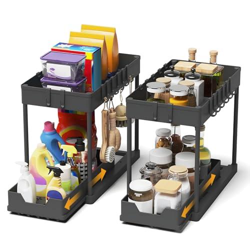 Meltrck 2 Pezzi Organizer Sottolavello Cucina 2 Livelli, Scaffale Estraibile per Lavello, Portaoggetti Sottolavello con 8 Ganci