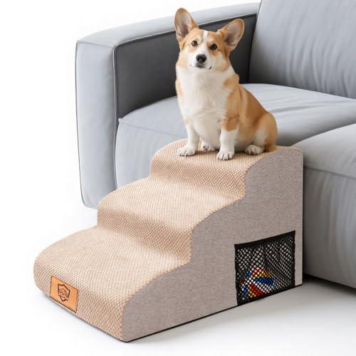 MASTERTOP Scale per Cani 3 Gradini, Scalini Antiscivolo per Gatti e Cani per Divano e Letto, Scaletta Schiuma Alta Densità, Copertura Impermeabile Lavabile (Beige)