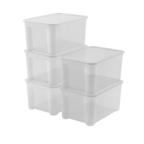 Keter Set di 5 Contenitori in Plastica con Coperchio T Box L, Trasparenti, Ideali per Vestiti e come Portaoggetti, Adatti per Armadi e Garage, 47 L, 55x39x28H cm