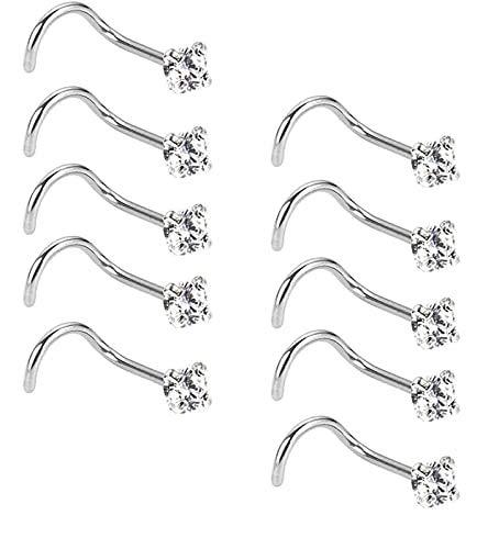 Liuxn 20 Gauge 10 Pezzi Naso Vite Curvo in Acciaio Inossidabile Naso a Bottone Naso Cubico Zirconia Piercing Gioielli per Corpo