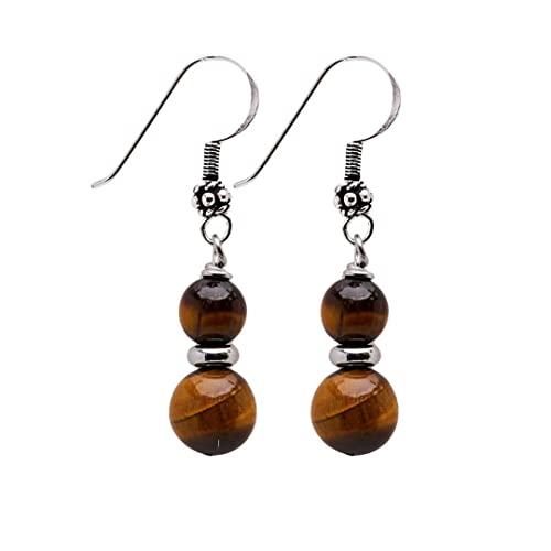 Orecchini da donna fatti a Mano con Doppia ietra preziosa e orecchini pendenti in argento sterling - Idee regalo per le donne (occhio di tigre marrone)