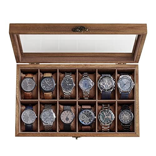 SONGMICS Scatola per Orologi, per Natale, Scatola Porta Orologi a 12 Scomparti, Portaorologi in Legno con Coperchio in Vetro e Cuscinetti Rimovibili, Idea Regalo, Noce Rustico JOW120K01