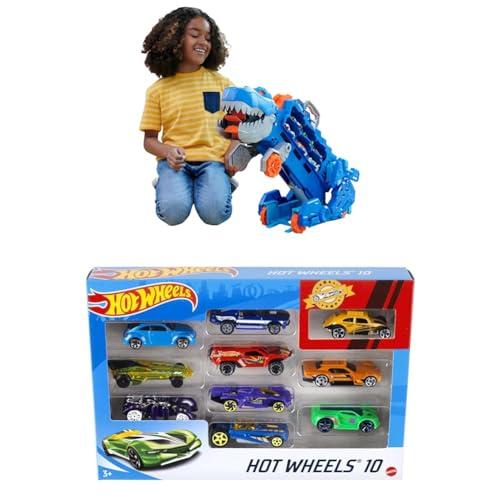 ​Hot Wheels City - Mega Dino Trasportatore, pista da corsa che si trasforma in un T-Rex, playset con luci e suoni, box per riporre 20 macchinine in scala 1:64, giocattolo per bambini, HNG50