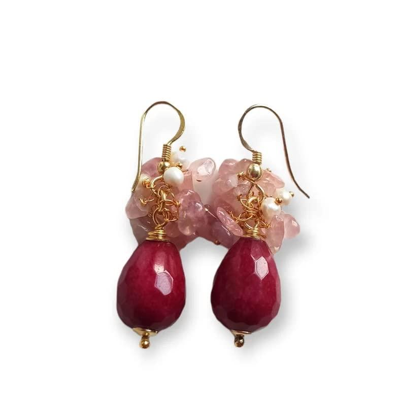 Orecchini a Goccia con Agata Borgogna e Quarzo Rosa