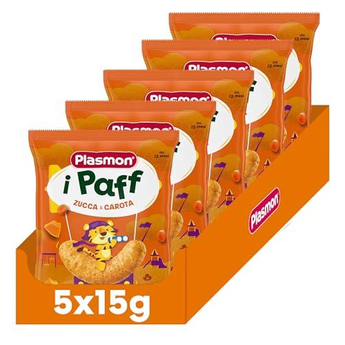 Plasmon Snack i Paff Zucca e Carote 15gr 5 Confezioni Snack non fritti e senza sale aggiunto, perfetti per le manine del tuo bambino