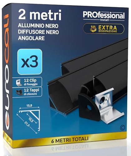 Eurocali 3 Profili Angolari da 2 metri (6mt) in Alluminio Nero per Strisce LED Schermatura Opaca - Larghezza Massima Stricia LED 10.5mm - 15.8 x 15.8