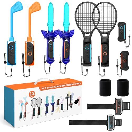 LONGYI Switch 2 Set di Accessori Sportivi per Switch 2, 12 in 1 Pacchetto di Accessori Sportivi per JoyCon, Accessori per Giochi Sportivi per Famiglie con Mazze da Golf, Racchette da Tennis