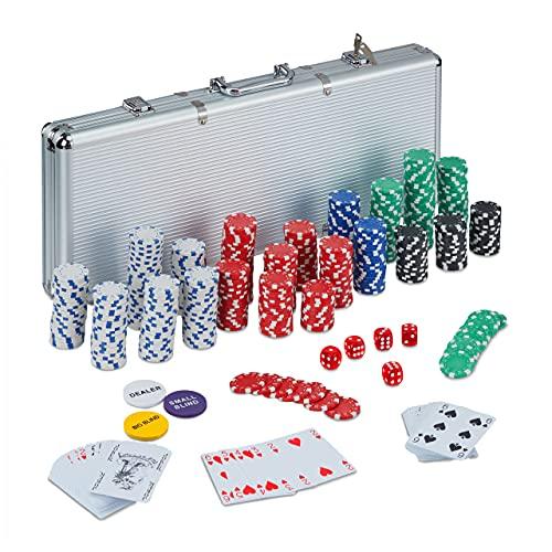 Relaxdays Valigetta Poker, 500 Chips Laser, 2 Mazzi di Carte, 5 Dadi, Dealer, Richiudibile & Portatile,Alluminio,Argento