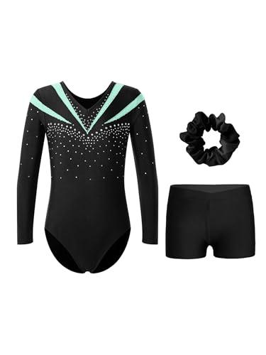 HULIJA Bambina Costume da Balletto Lunghe Maniche Body da Ginnastica Artistica con Pantaloncini per Capelli Leotards Danza Ritmica Pattinaggio Artistico Verde chiaro 13-14 anni