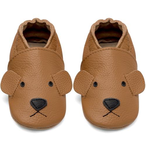 Scarpe Neonato Scarpine Primi Passi Morbida Pelle Scarpine Prima Infanzia Suola Scamosciata Carino Colorate Animali 0 a 24 Mesi(Curcuma Orso, 12-18 Mesi)