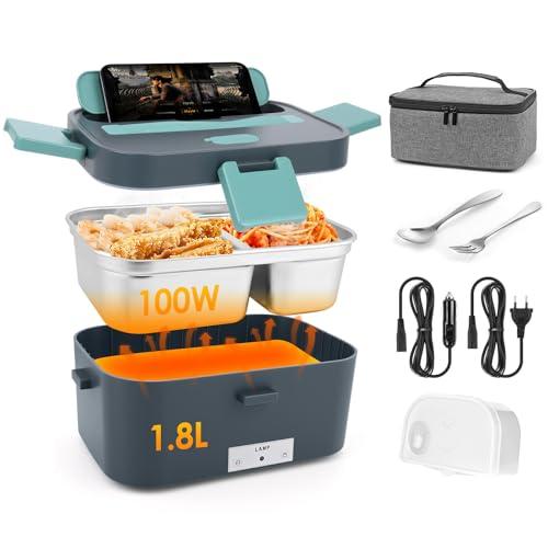 Dreamhigh® 100W Scaldavivande Elettrico Portatile 1.8L, Porta Pranzo Riscaldabile con Borsa, Forchetta e Cucchiaio, 12V/24V/220V Lunch Box Elettrico, Porta Pranzo da Ufficio e Auto