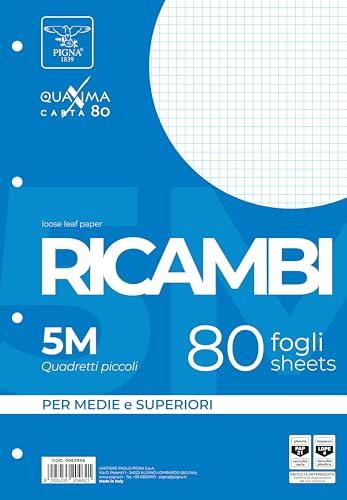 Pigna 00629065M, Ricambio non rinforzato, Rigatura 5M, quadretti 5 mm per 2° e 3° elementare, Carta 80g/mq, Pacco da 80 Fogli