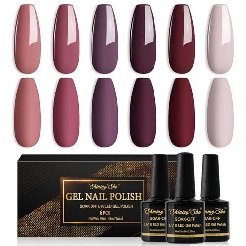 Shining She Smalto Semipermanente,6 Colori Rosso Scuro Viola Scuro Marrone Rosso Smalto Semipermanente Unghie,Serie Dark Smalti per Unghie Gel UV/LED,Autunno e Inverno Manicure Art,8ML