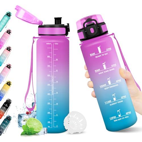 KollyKolla Borraccia 1L, Riutilizzabile, Bottiglia con Filtro, Borraccia con Indicatore del Tempo Motivazionale senza BPA, A Prova di Perdite, ideale per Adulti, Bambini, Scuola, Ufficio