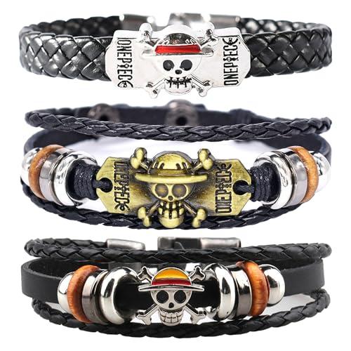 PQKL-party One Piece Braccialetti Merch 3 Pcs Bracciale avvolgente con occhio del diavolo con Accessori a Forma di Teschio e in Pelle Tressata bello Regalo Decorazione