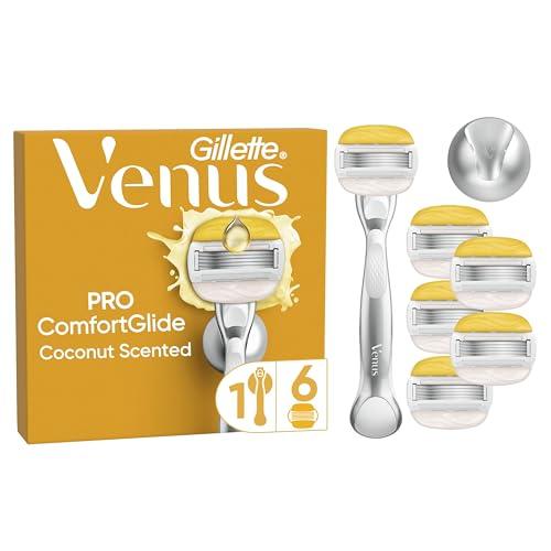 Gillette Venus Pro ComfortGlide Rasoio Da Donna, Al Profumo Di Cocco, 6 Lamette Di Ricambio, Lamette Donna Adatte a Depilazione Intima, Manico In Metallo Riutilizzabile E Gancio Per Doccia