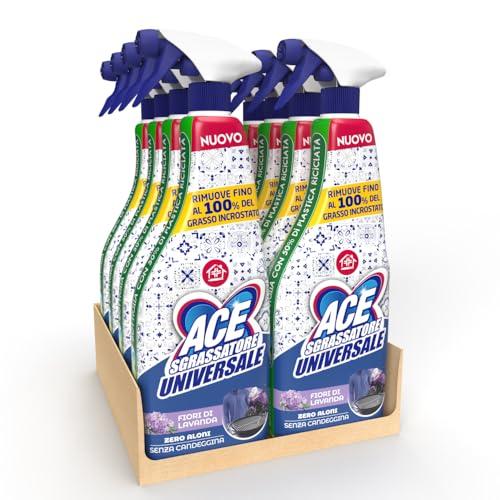 ACE Spray Sgrassatore Universale, Senza Candeggina, Zero Aloni, Profumo di Fiori di Lavanda, 8 flaconi da 600 ml