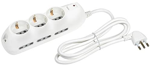 BTICINO Ciabatta Multipresa Elettrica Slot 9 Posti, 3 Polivalenti Schuko 10/16A + 6 Bivalenti 10/16A,Ciabatta Elettrica con Interruttore e Cavo 1,5m Spina 10A, Robusta Salvaspazio Flessibile, Bianco