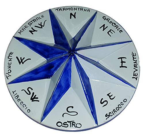 ROSA DEI VENTI IN CERAMICA DI VIETRI DIPINTA A MANO, DIAMETRO CM. 34, ALTEZZA CM. 7 PANNELLO MURO DECORAZIONI INTERNO GIARDINO IDEA REGALO MADE IN ITALY