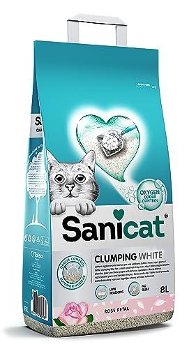 Sanicat - Lettiera per gatti agglomerante bianca all’aroma di petali di rosa, A base di minerali naturali, Assorbe l'umidità Formato da 8 L