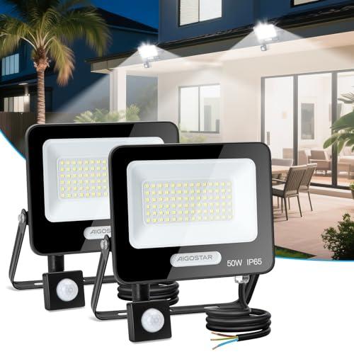 Aigostar- 50W Faretto Led da Esterno con Sensore di Movimento, Faro LED Esterno, 4600LM, Bianco Freddo 6500K, IP65 Impermeabile, Faretti LED per Giardino, Cortile, Patio, Garage, Confezione da 2