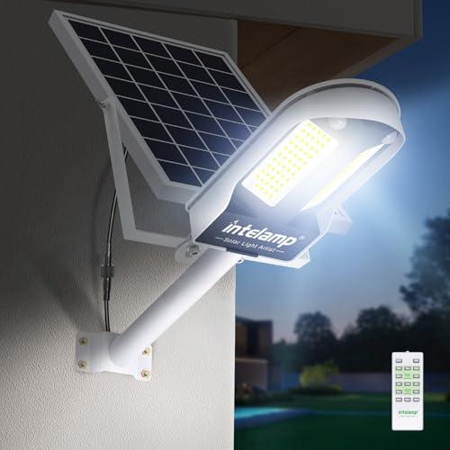 INTELAMP Lampione Solare LED Esterno, 12500mAh Faro Con Pannello Solare da Esterno, IP65 Impermeabile Faretto LED con Sensore di Movimento, 3000LM/6500K Luci da Esterno per Giardino, Terrazza, Garage