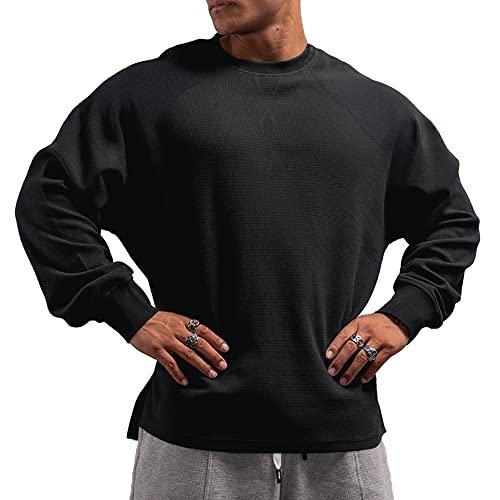 Muscle Alive Uomo Basic Magliette a Maniche Lunghe Cialda Felpa Perdere Peso Allenamento Maglione Maglia Girocollo Nero L