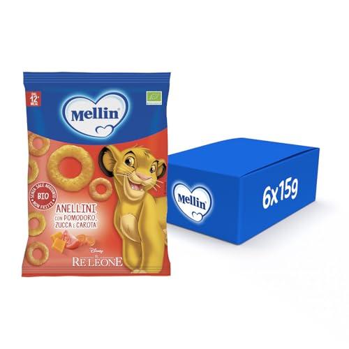 Mellin - Anelli di Pomodoro, Zucca e Carota, Snack Biologico per Bambini dal 12° Mese Compiuto - 6 Confezioni da 15 grammi (Totale 90gr)