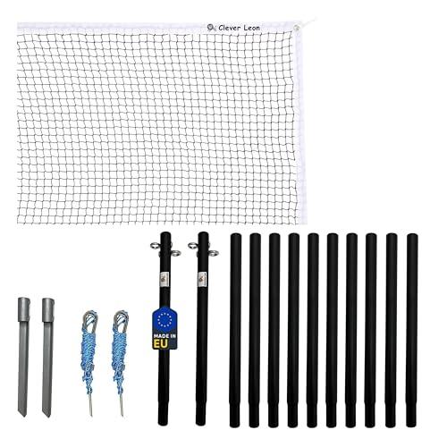 Clever Leon Kit da Rete da Badminton - Tennis - Pallavolo da Spiaggia - 6,5 x 0,75 m - 12 Paletti in Acciaio - Kit di Fissaggio - Nero