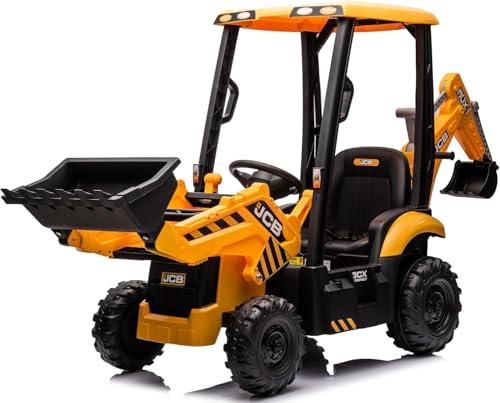 Escavatore Elettrico 24V per Bambini con Licenza JCB 4 in 1 Braccio Posteriore Benna Anteriore Telecomando Sedile Orientabile con Cintura a 3 Punti Bluetooth FM Usb Ammortizzatori fino a 6 anni Giallo