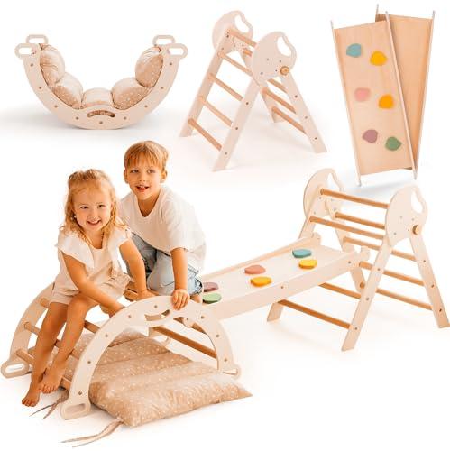 Goodevas 5-in-1 Telaio da Arrampicata per Bambini - Scala a Triangolo, Arco per Arrampicata, Balance Board e Cuscino, Telaio da Arrampicata Montessori, Palestra in Legno per Bambini da 1 a 3 Anni