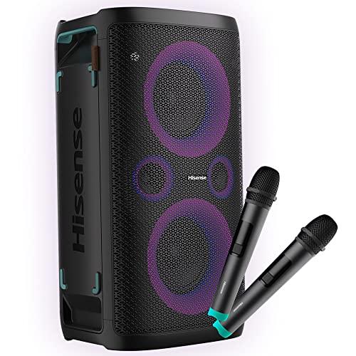 Hisense Party Storm 1, l'altoparlante Bluetooth con una potenza da 300W, woofer integrato, 2 microfoni wireless inclusi, Modalita' Karaoke, wireless charging pad integrato, ingresso e uscita AUX, USB