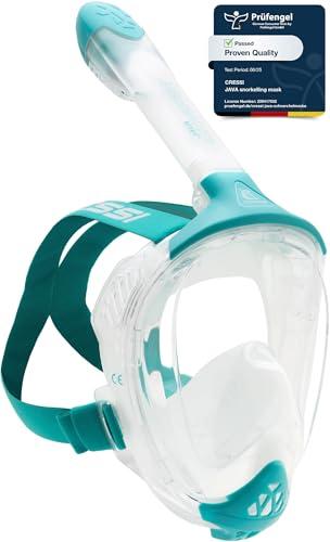 CRESSI Java Full Face Mask Clear/Aquamarine S/M - Maschera Snorkeling Integrale Unisex, Lente Ultra Chiara Anti Fog, 100% Silicone, Snorkel Dry con Valvole Sicurezza, Trasparente/Acquamarina, S/M