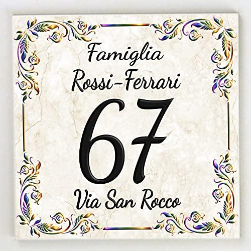 Numero Civico Targa Decorativa PERSONALIZZABILE,Numero Civico su Mattonella in Ceramica 11x11cm, 15x15cm, 20x20cm con Indirizzo e Nome Famiglia Personalizzato,Numeri Civici Moderni.