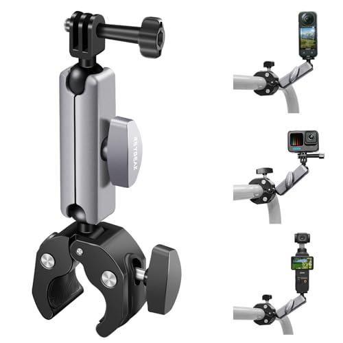 REYGEAK Supporto per fotocamera a doppia testa a sfera a 360° con viti da 1/4, supporto per manubrio per bicicletta a doppio artiglio per Gopro Max Hero 13/12/11/10/9