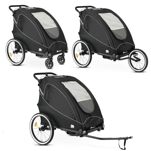 Deryan Luxus 3-in-1 Rimorchio per Bicicletta per 2 Bambini – Rimorchio per Bicicletta, Passeggino & Jogger – Passeggino Multifunzionale con Cintura a 5 Punti – Nero