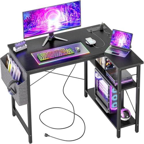 BEXEVUE Scrivania ad Angolo con Ciabatta - 100x70 cm Tavolino Computer a Forma L Ripiani Portaoggetti, Scrivania Angolare Reversibile Gaming Informatica, Studio Gioco Lavoro Casa Camera da Letto Nero